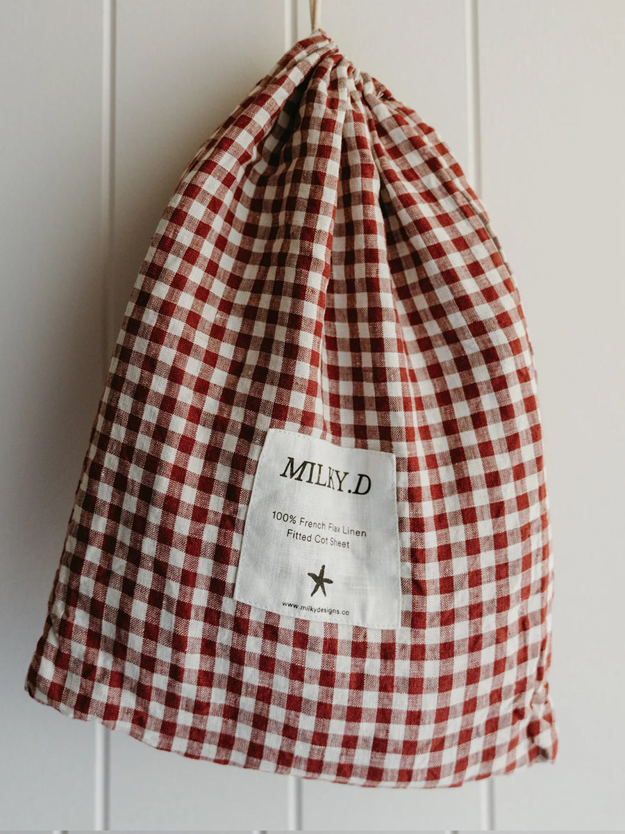 Linen Cot Sheet Mulberry Check