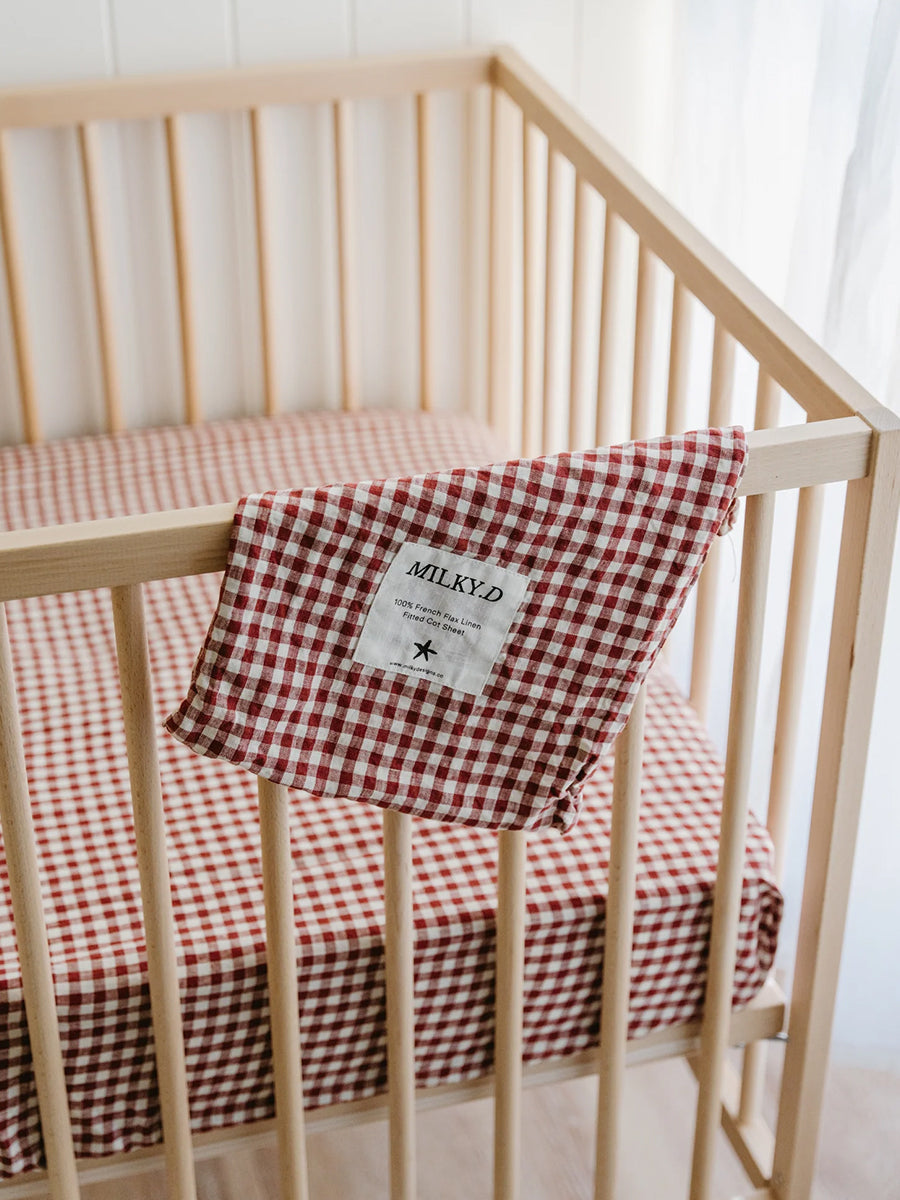 Linen Cot Sheet Mulberry Check