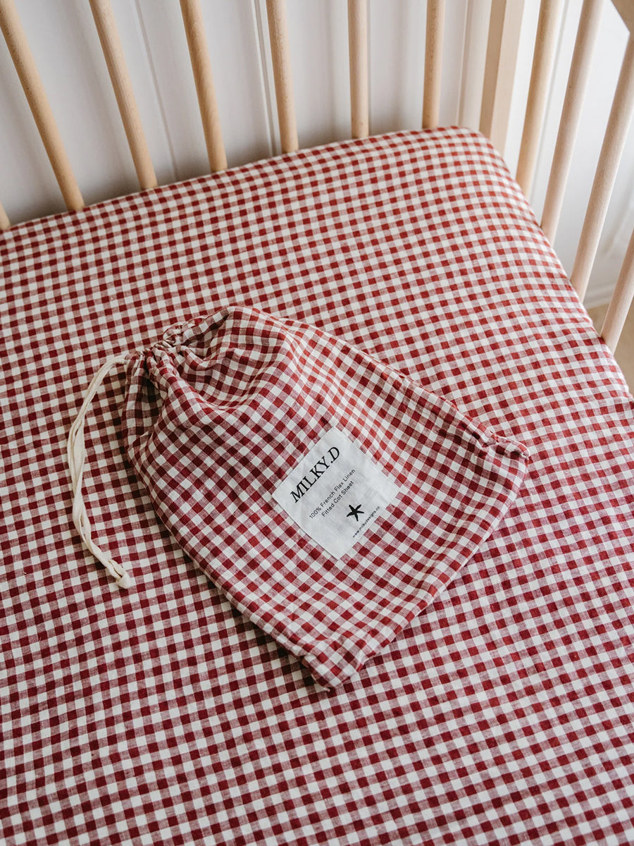 Linen Cot Sheet Mulberry Check