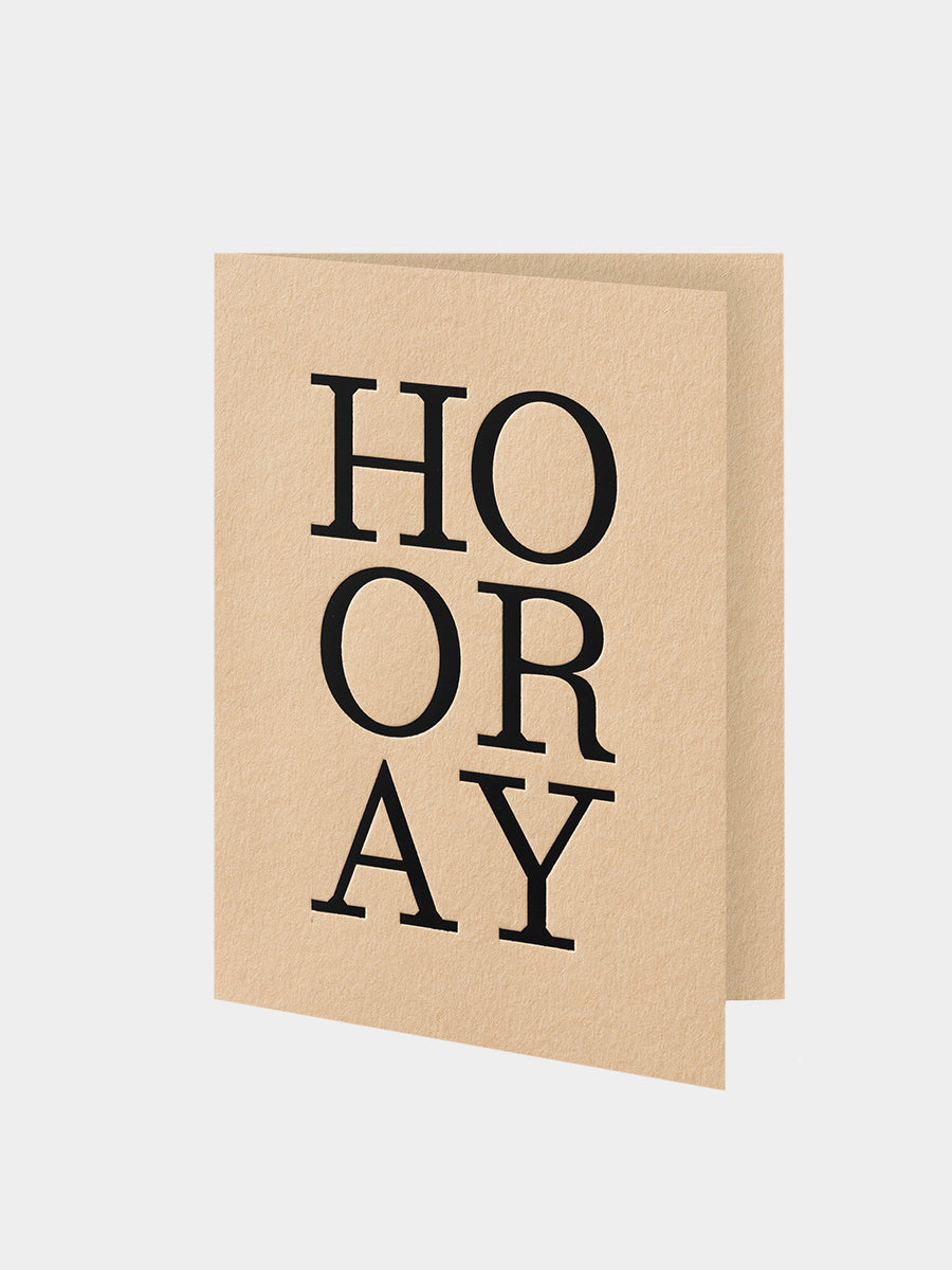 Beige card with large text saying 'HOORAY'